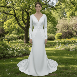 Elegant Deep Vneck Women Mermaid Wedding Dress with Long Sleeves - Rosymae