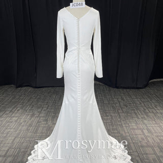 Elegant Deep Vneck Women Mermaid Wedding Dress with Long Sleeves - Rosymae