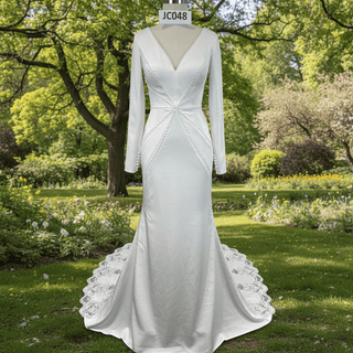 Elegant Deep Vneck Women Mermaid Wedding Dress with Long Sleeves - Rosymae