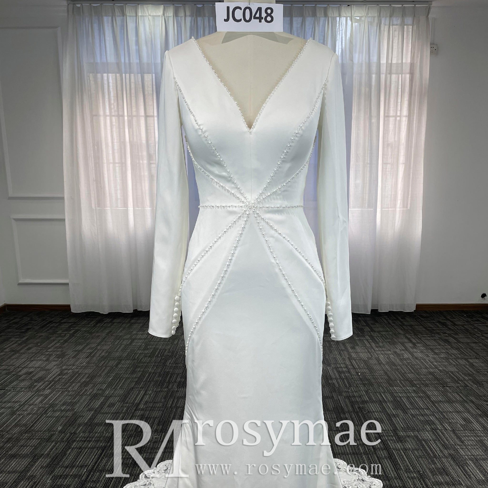 Elegant Deep Vneck Women Mermaid Wedding Dress with Long Sleeves - Rosymae