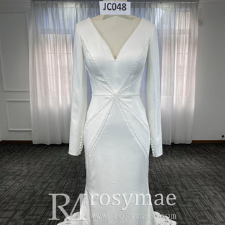 Elegant Deep Vneck Women Mermaid Wedding Dress with Long Sleeves - Rosymae