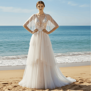 Elegant Dot Tulle Lace Boho Sheath Wedding Dress Multi Tulle - Rosymae