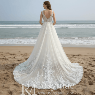 Elegant Double Deep V A Line Lace Wedding Dress with Sheer Bodice - Rosymae