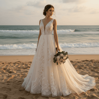 Elegant Double Deep V A Line Lace Wedding Dress with Sheer Bodice - Rosymae