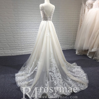 Elegant Double Deep V A Line Lace Wedding Dress with Sheer Bodice - Rosymae
