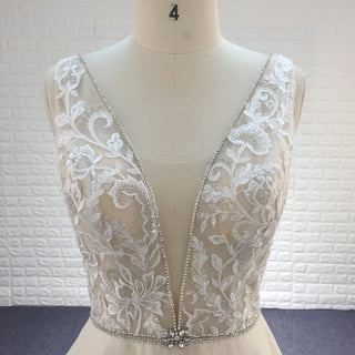 Elegant Double Deep V A Line Lace Wedding Dress with Sheer Bodice - Rosymae