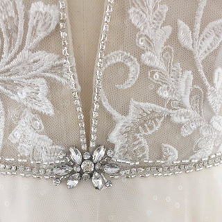 Elegant Double Deep V A Line Lace Wedding Dress with Sheer Bodice - Rosymae