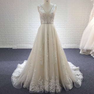 Elegant Double Deep V A Line Lace Wedding Dress with Sheer Bodice - Rosymae