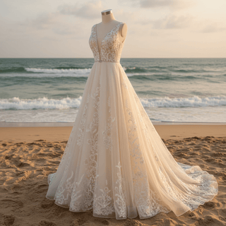 Elegant Double Deep V A Line Lace Wedding Dress with Sheer Bodice - Rosymae