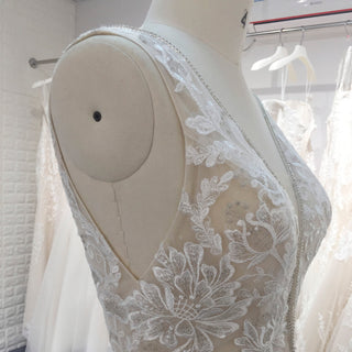 Elegant Double Deep V A Line Lace Wedding Dress with Sheer Bodice - Rosymae