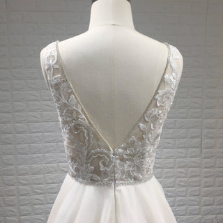 Elegant Double Deep V A Line Lace Wedding Dress with Sheer Bodice - Rosymae
