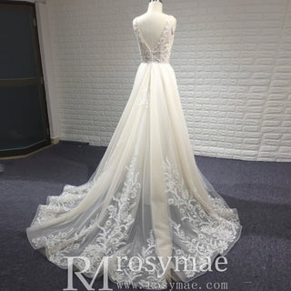 Elegant Double Deep V A Line Lace Wedding Dress with Sheer Bodice - Rosymae