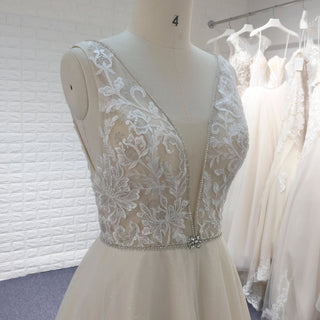 Elegant Double Deep V A Line Lace Wedding Dress with Sheer Bodice - Rosymae