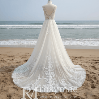 Elegant Double Deep V A Line Lace Wedding Dress with Sheer Bodice - Rosymae