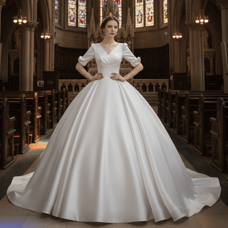 Elegant Double V-Neck Satin Wedding Gown with Half Sleeve - Rosymae