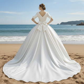 Elegant Double V-Neck Satin Wedding Gown with Half Sleeve - Rosymae
