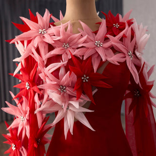 Elegant Evening Dress with 3D Floral Sheer Cape for Prom Gala & Formal Parties - Rosymae
