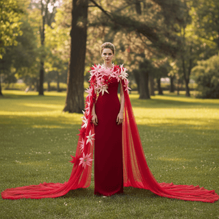 Elegant Evening Dress with 3D Floral Sheer Cape for Prom Gala & Formal Parties - Rosymae