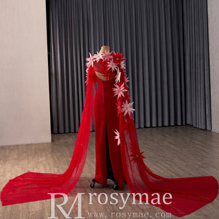 Elegant Evening Dress with 3D Floral Sheer Cape for Prom Gala & Formal Parties - Rosymae
