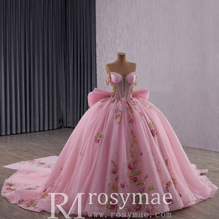 Elegant Fairy Luxury Pink Quinceanera Dress with Detachable Bowknot - Rosymae