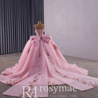 Elegant Fairy Luxury Pink Quinceanera Dress with Detachable Bowknot - Rosymae