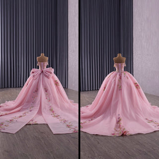 Elegant Fairy Luxury Pink Quinceanera Dress with Detachable Bowknot - Rosymae