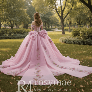 Elegant Fairy Luxury Pink Quinceanera Dress with Detachable Bowknot - Rosymae