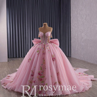 Elegant Fairy Luxury Pink Quinceanera Dress with Detachable Bowknot - Rosymae