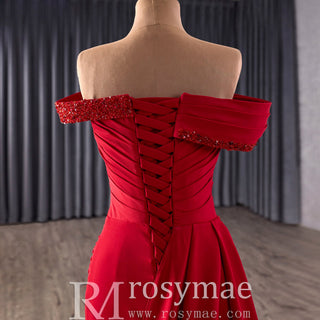 Elegant Fashion Mermaid Off Shoulder Red Prom Dress with Pleated - Rosymae