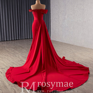 Elegant Fashion Mermaid Off Shoulder Red Prom Dress with Pleated - Rosymae