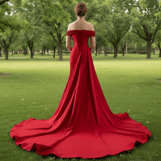 Elegant Fashion Mermaid Off Shoulder Red Prom Dress with Pleated - Rosymae
