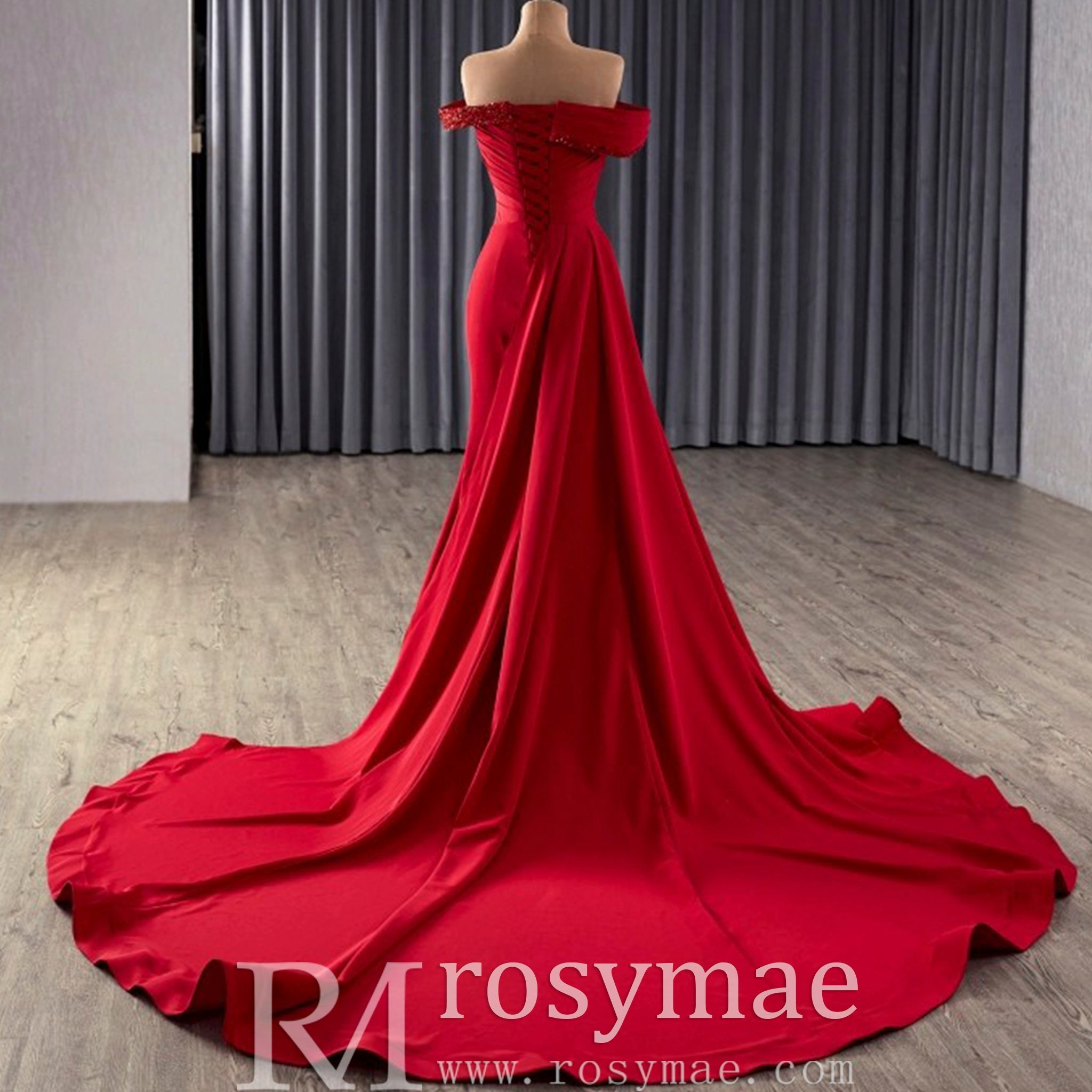 Elegant Fashion Mermaid Off Shoulder Red Prom Dress with Pleated - Rosymae