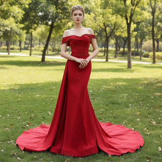 Elegant Fashion Mermaid Off Shoulder Red Prom Dress with Pleated - Rosymae