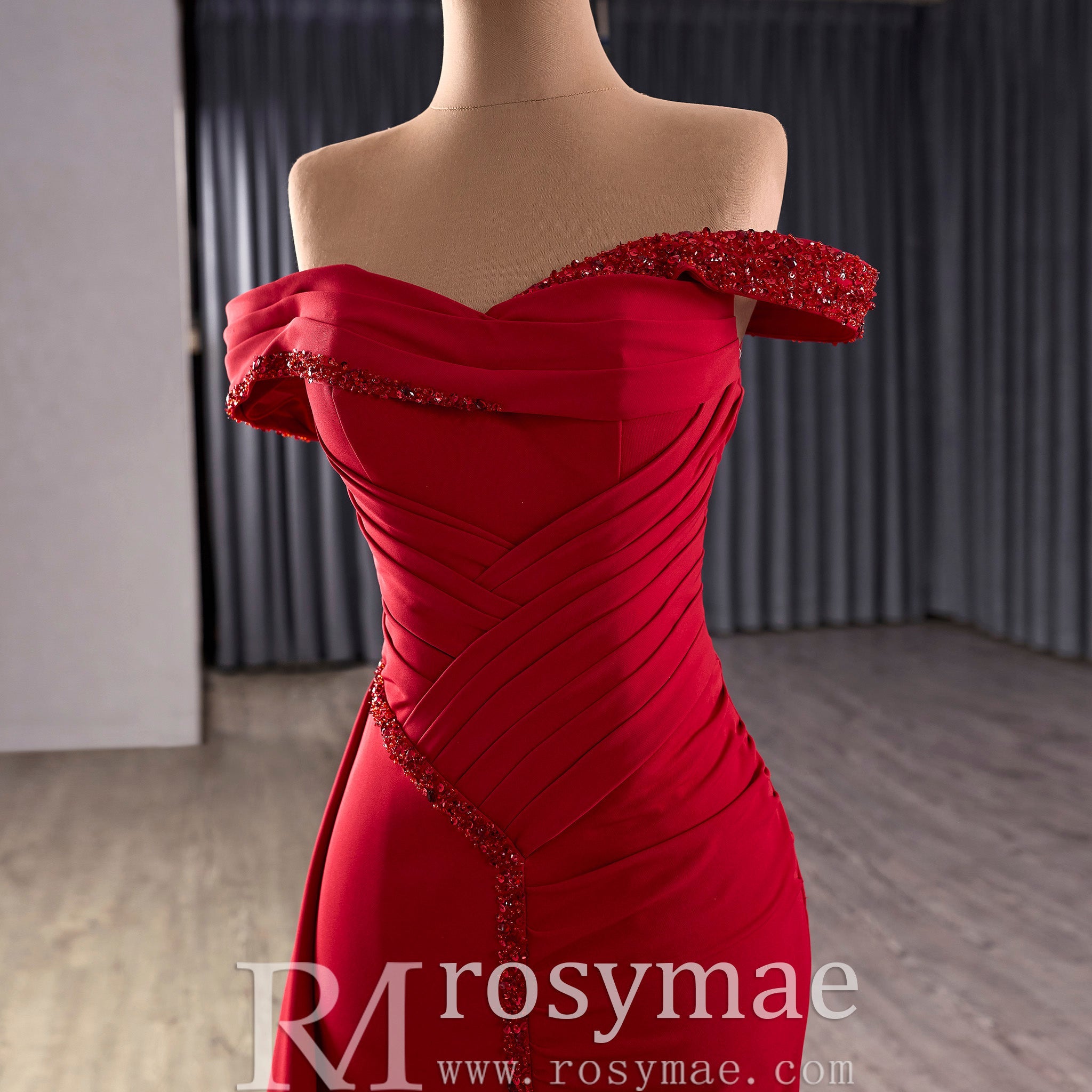 Elegant Fashion Mermaid Off Shoulder Red Prom Dress with Pleated - Rosymae