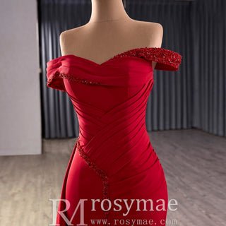 Elegant Fashion Mermaid Off Shoulder Red Prom Dress with Pleated - Rosymae