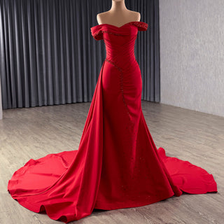 Elegant Fashion Mermaid Off Shoulder Red Prom Dress with Pleated - Rosymae