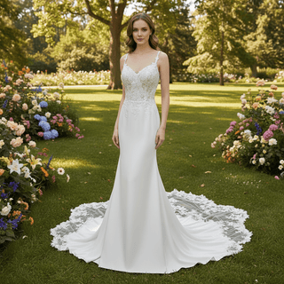 Elegant Fishtail Skirt Mermaid Vneck Wedding Dress with Spaghetti Straps - Rosymae