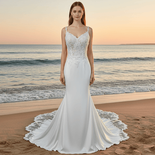Elegant Fishtail Skirt Mermaid Vneck Wedding Dress with Spaghetti Straps - Rosymae