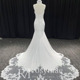 Elegant Fishtail Skirt Mermaid Vneck Wedding Dress with Spaghetti Straps - Rosymae