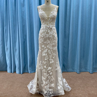 Elegant Fit and Flare Sheer Neck Lace Wedding Dress with V-neck - Rosymae