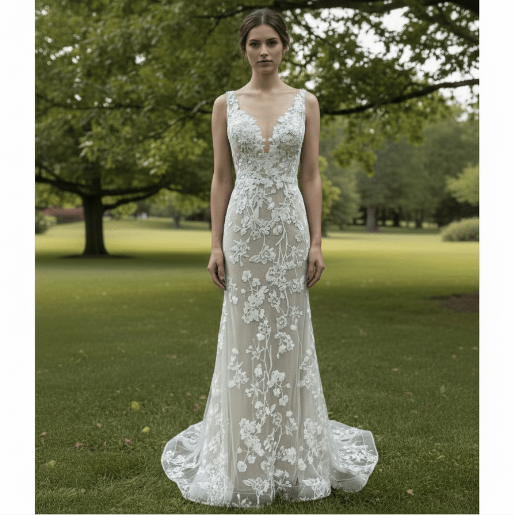 Elegant Fit and Flare Sheer Neck Lace Wedding Dress with V-neck - Rosymae