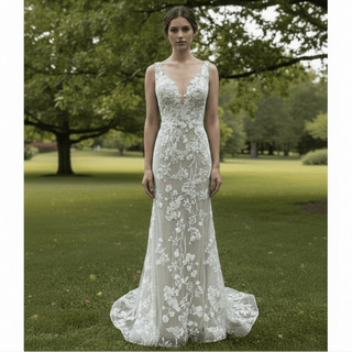 Elegant Fit and Flare Sheer Neck Lace Wedding Dress with V-neck - Rosymae