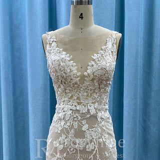 Elegant Fit and Flare Sheer Neck Lace Wedding Dress with V-neck - Rosymae