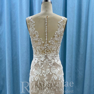 Elegant Fit and Flare Sheer Neck Lace Wedding Dress with V-neck - Rosymae