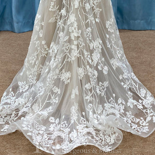 Elegant Fit and Flare Sheer Neck Lace Wedding Dress with V-neck - Rosymae