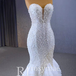 Elegant Fit and Flare Sparkly Wedding Dress with Sweetheart Neck - Rosymae