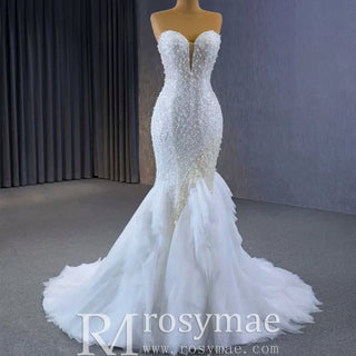 Elegant Fit and Flare Sparkly Wedding Dress with Sweetheart Neck - Rosymae