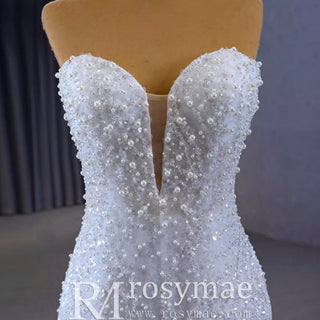 Elegant Fit and Flare Sparkly Wedding Dress with Sweetheart Neck - Rosymae