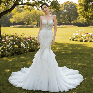 Elegant Fit and Flare Sparkly Wedding Dress with Sweetheart Neck - Rosymae