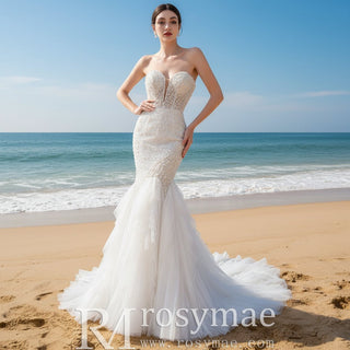 Elegant Fit and Flare Sparkly Wedding Dress with Sweetheart Neck - Rosymae